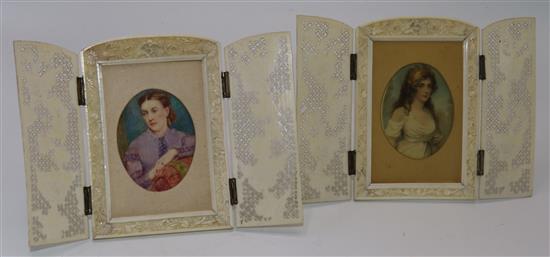 A pair of early 20th century oil on ivory portrait miniatures, height overall 5in.